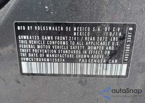 2019 Volkswagen Jetta S/Se/R-Line из США, поврежденный, VIN 3VWC57BU9KM125874